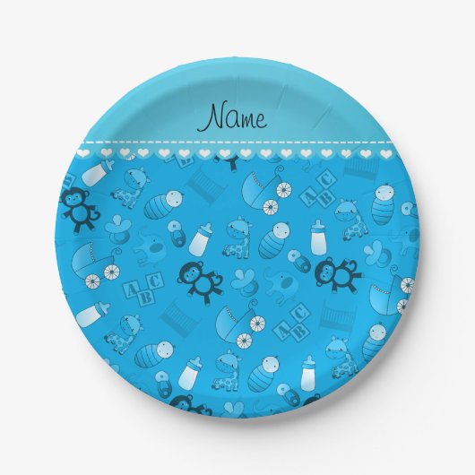 Personalisierte Namenstiere des blauen Babys des Pappteller (Vorderseite)