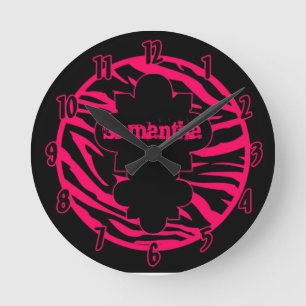 Personalisierte Namensuhr Hot Pink Black Zebra Pri Runde Wanduhr