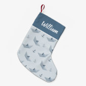 Personalisierte Nautic Boat & Anchor Muster Boys Kleiner Weihnachtsstrumpf (Vorderansicht (hängend))