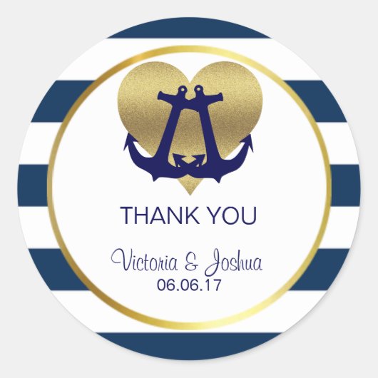 Personalisierte Nautical Navy Gold Heart Wedding Runder Aufkleber (Vorderseite)