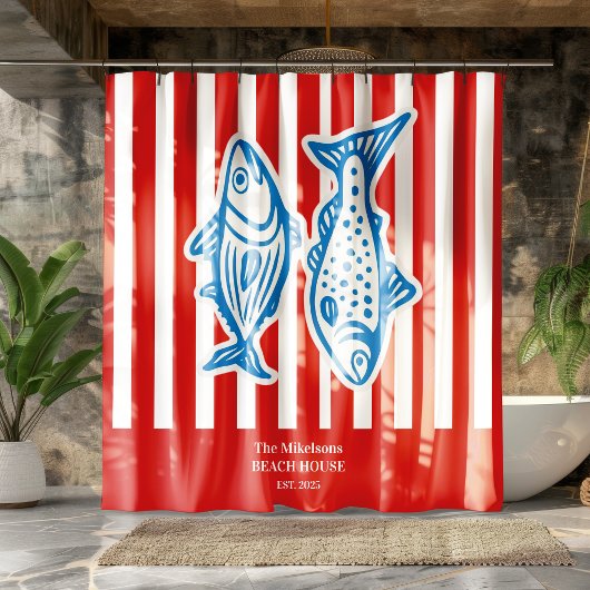 Personalisierte Nautical Red Sardine Streifen Duschvorhang