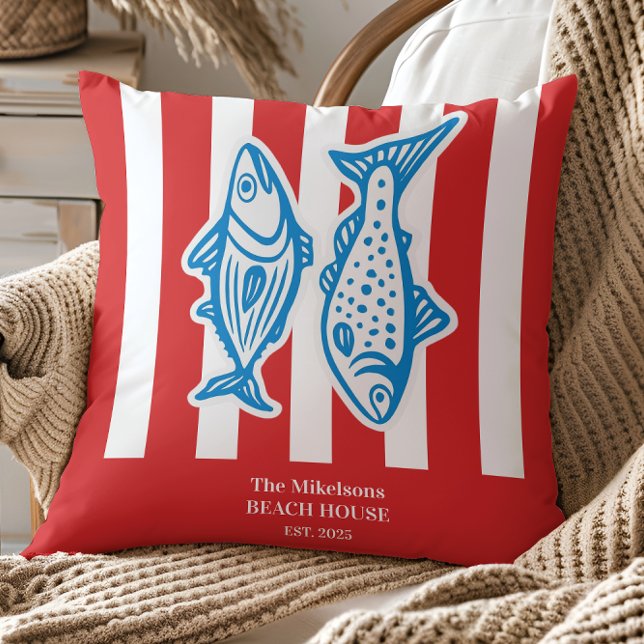 Personalisierte Nautical Red Sardine Streifen Kissen (Von Creator hochgeladen)