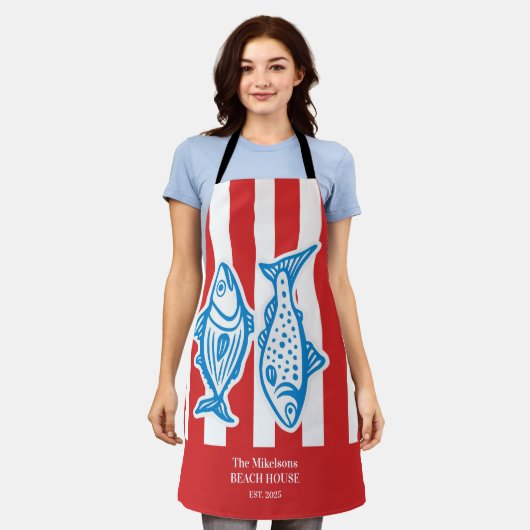Personalisierte Nautical Red Sardine Streifen Schürze (Getragen)