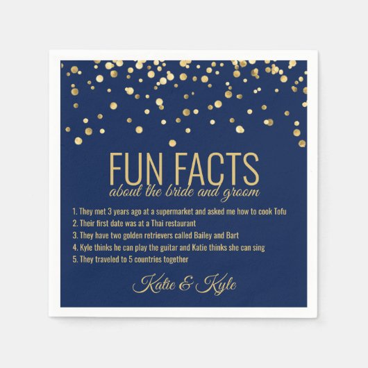 Personalisierte NAVY BLUE Gold Confetti FUN FACTS Serviette (Vorderseite)