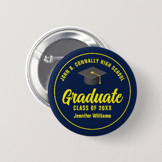 Personalisierte Navy Blue Yellow Graduation Party Button (Vorne & Hinten)