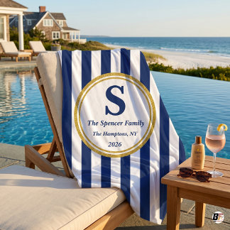 Personalisierte Navy Cabana Stripe Gold Monogramm  Strandtuch
