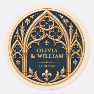 Personalisierte Navy- und Goldgotik-Hochzeit Runder Aufkleber