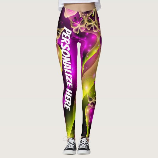 Personalisierte Neon Butterfly Floral Leggings (Vorderseite)