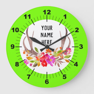Personalisierte Neon Green Floral Large Clock Große Wanduhr