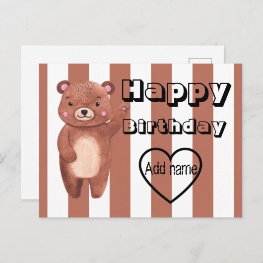 Personalisierte niedliche Bärenstreifen Geburtstag Postkarte (Vorne/Hinten)
