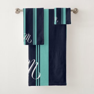 Personalisierte Niedliche blaue vertikale Streifen Badhandtuch Set