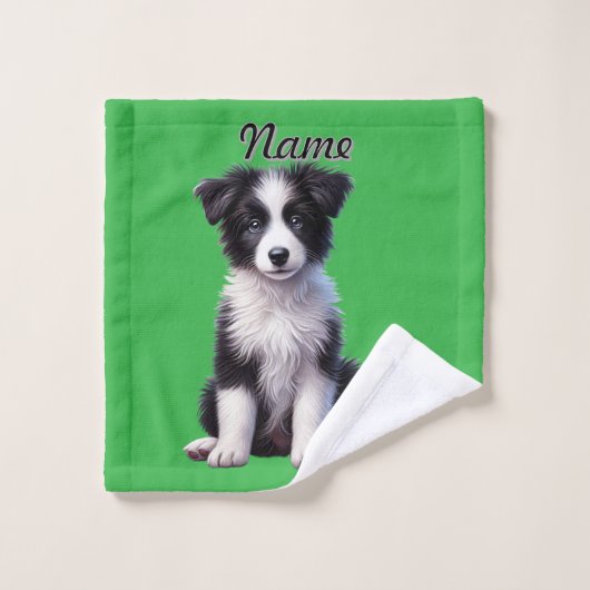 Personalisierte Niedliche Border Collie Puppy Badhandtuch Set (Waschlappen)