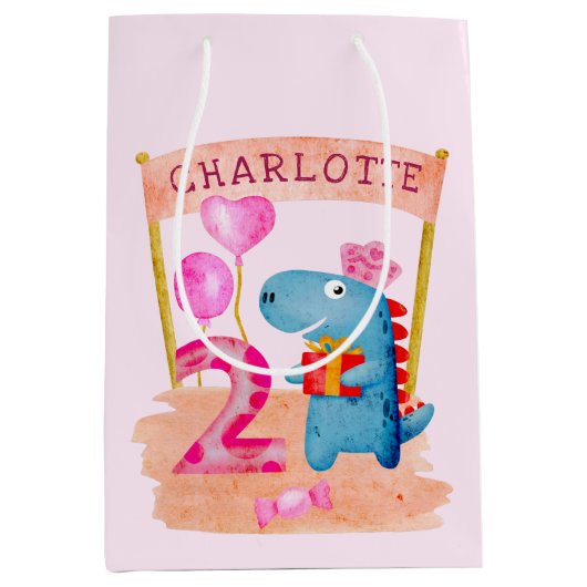 Personalisierte Niedliche Girly Dinosaur 2 Jahre G Mittlere Geschenktüte (Vorderseite)