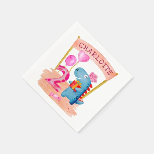 Personalisierte Niedliche Girly Dinosaur 2 Jahre G Serviette (Ecke)