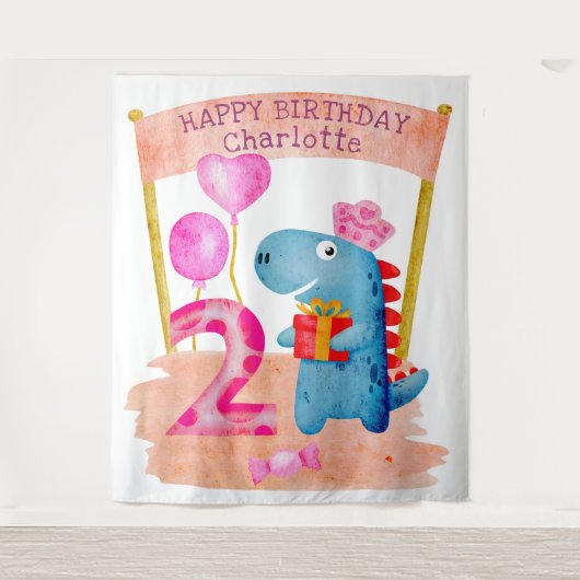 Personalisierte Niedliche Girly Dinosaur 2 Jahre G Wandteppich (Vorderseite)