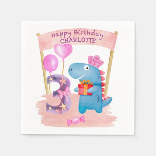 Personalisierte Niedliche Girly Dinosaur 3 Jahre G Serviette (Vorderseite)