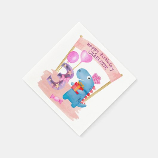 Personalisierte Niedliche Girly Dinosaur 3 Jahre G Serviette (Ecke)