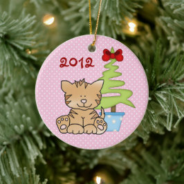 Personalisierte Niedliche Katze und Weihnachtsbaum Keramikornament