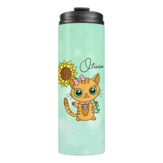 Personalisierte Niedliche Kawaii Cat Holding-Blume Thermosbecher (Vorderseite)