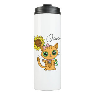 Personalisierte Niedliche Kawaii Cat Holding-Blume Thermosbecher