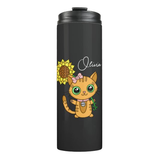 Personalisierte Niedliche Kawaii Cat Holding-Blume Thermosbecher (Vorderseite)