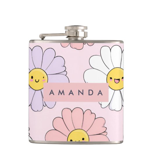 Personalisierte Niedliche Kawaii Pastel Daisy Blum Flachmann (Vorderseite)