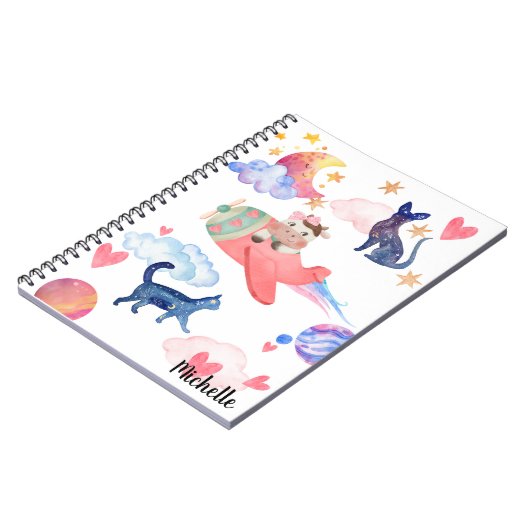 Personalisierte Niedliche Kuh Weltraumkatzen Mond Notizblock (Linke Seite)