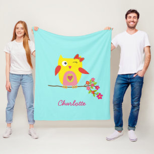 Personalisierte Niedliche Owl Yellow Pink Illustra Fleecedecke