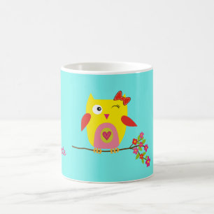 Personalisierte Niedliche Owl Yellow Pink Illustra Kaffeetasse