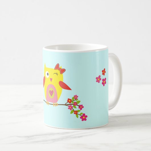 Personalisierte Niedliche Owl Yellow Pink Illustra Kaffeetasse (VorderseiteRechts)