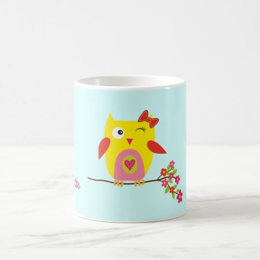 Personalisierte Niedliche Owl Yellow Pink Illustra Kaffeetasse (Mittel)
