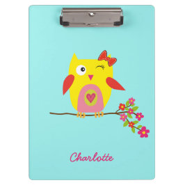 Personalisierte Niedliche Owl Yellow Pink Illustra Klemmbrett