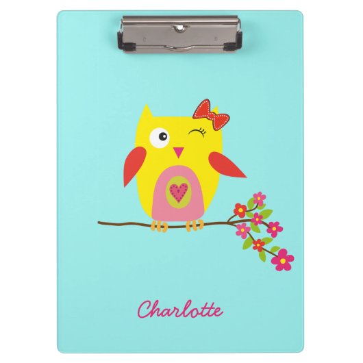 Personalisierte Niedliche Owl Yellow Pink Illustra Klemmbrett (Vorderseite)