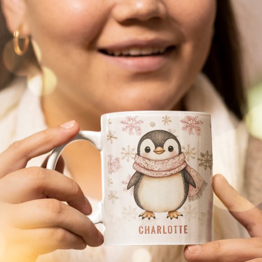 Personalisierte Niedliche Pink Winter Pinguine Wei Kaffeetasse
