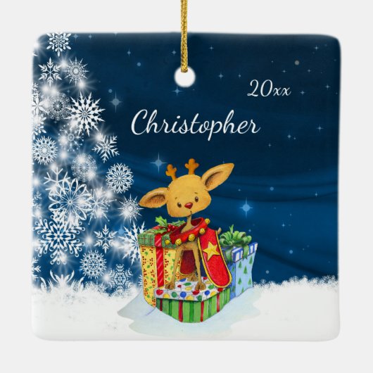 Personalisierte Niedliche Rentier Baby's First Chr Keramikornament (Rückseite)