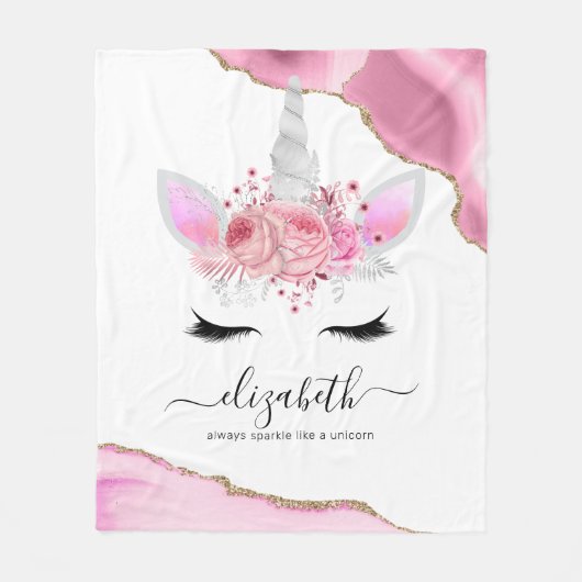 Personalisierte Niedliche rosa Kinder Einhorn Fleecedecke (Vorderseite)