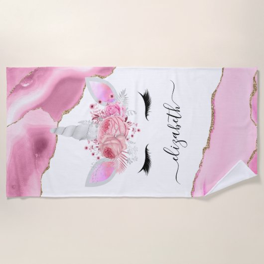 Personalisierte Niedliche rosa Kinder Einhorn Strandtuch (Vorderseite)