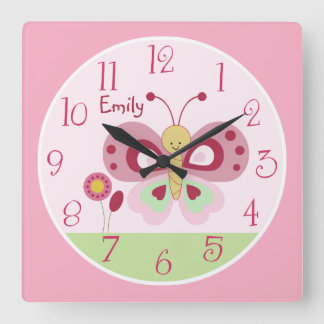 Personalisierte Niedliche Rosa Schmetterling Kinde Quadratische Wanduhr