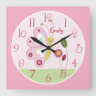 Personalisierte Niedliche Rosa Schmetterling Kinde Quadratische Wanduhr