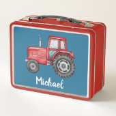 Personalisierte Niedliche rote Traktorfarm Wasserf Metall Brotdose (Rückseite)