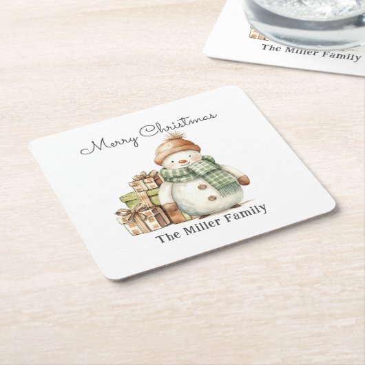 Personalisierte Niedliche Snowman & Weihnachtsgesc Rechteckiger Pappuntersetzer (angewinkelt)