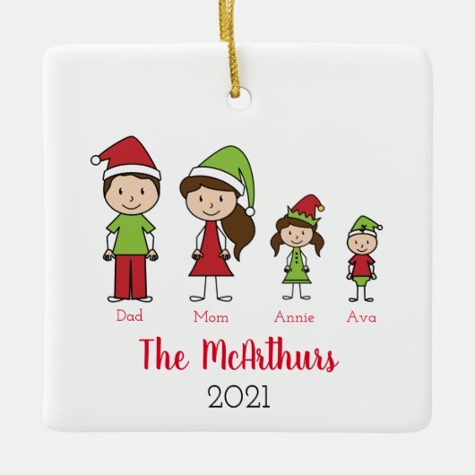 Personalisierte Niedliche Weihnachtsfamilie Keramikornament (Vorderseite)