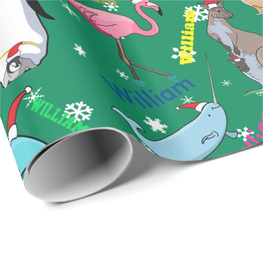 Personalisierte Niedliche Weihnachtstiere in Weihn Geschenkpapier (Rolleneckpunkt)