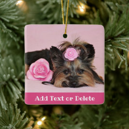 Personalisierte Niedliche Yorkie-Welpe mit rosa Ro Keramikornament