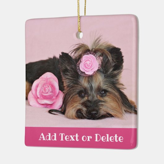 Personalisierte Niedliche Yorkie-Welpe mit rosa Ro Keramikornament (Links)
