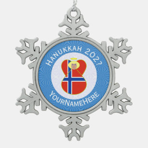 Personalisierte norwegische Engel-Hanukkah-Flagge Schneeflocken Zinn-Ornament