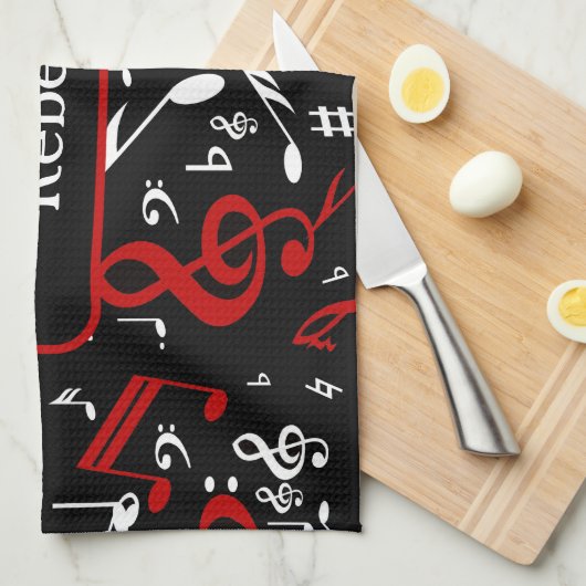 Personalisierte Noten in Rot und Schwarz Geschirrtuch (Viertel Falte)