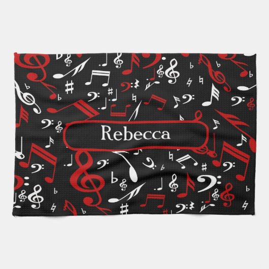 Personalisierte Noten in Rot und Schwarz Geschirrtuch (Horizontal)