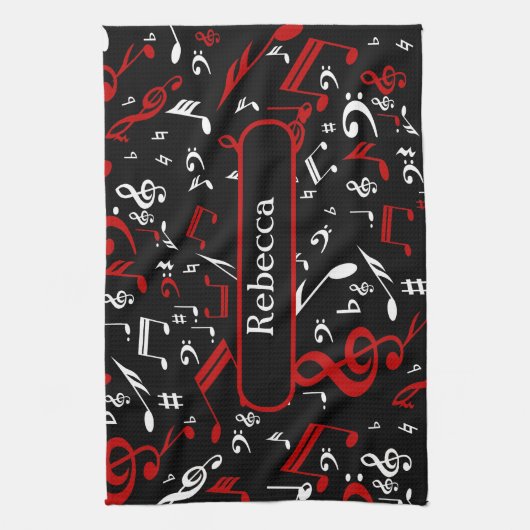 Personalisierte Noten in Rot und Schwarz Geschirrtuch (Vertikal)