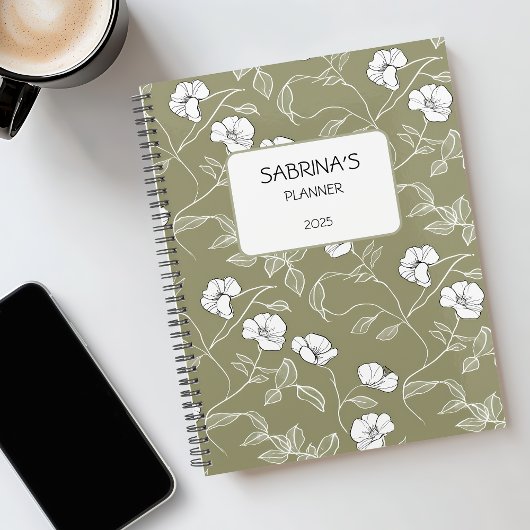 Personalisierte Olive Green Floral Minimalistisch Planer